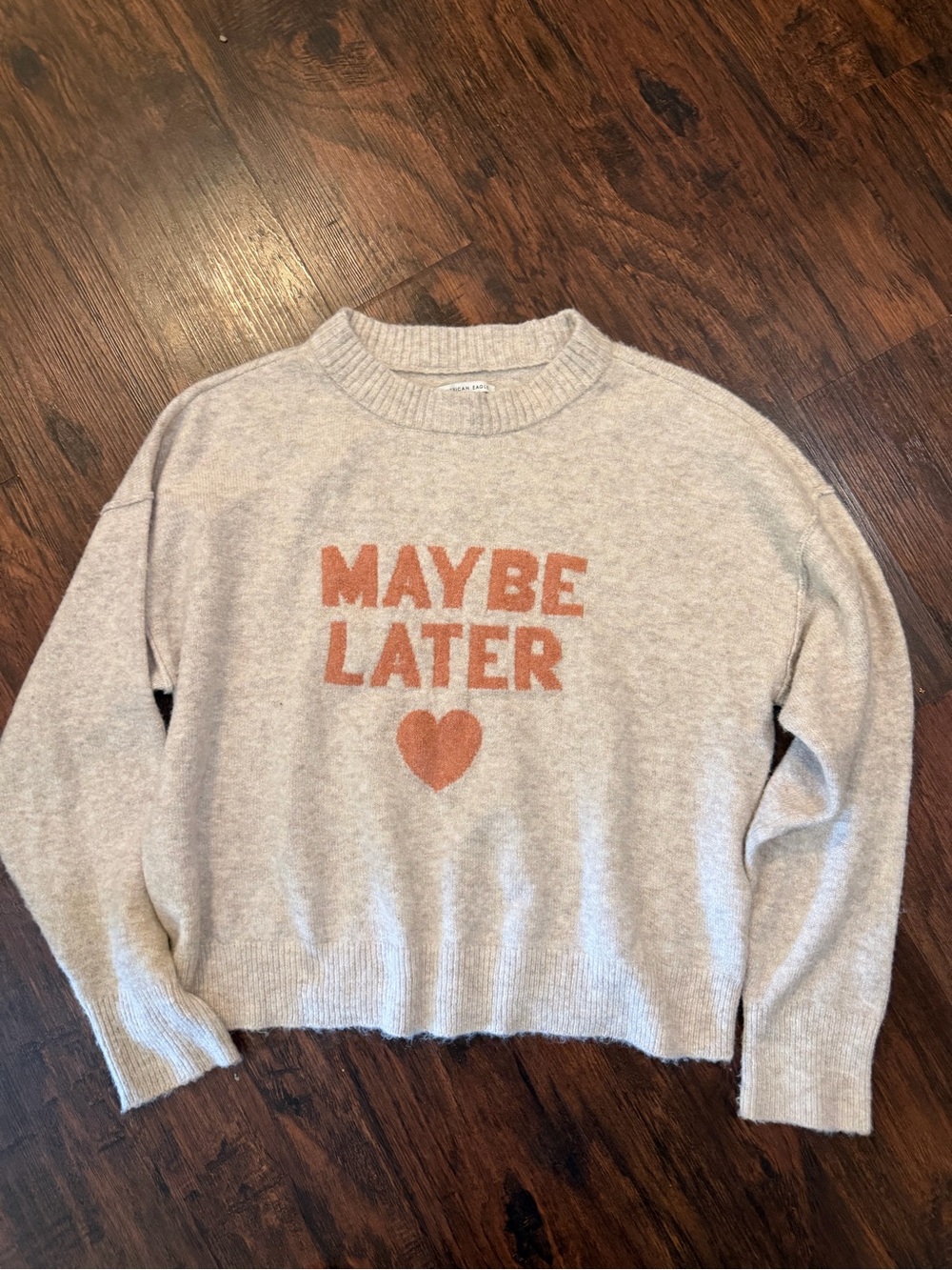 American Eagle Outfitters Cream Crewneck Sweater with Rust Text